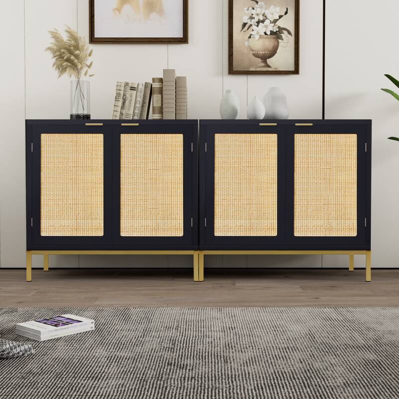 Anmytek Black Accent Storage Cabinet with 2 Rattan Doors Mid Century Sideboard Furniture for Living Room Bedroom