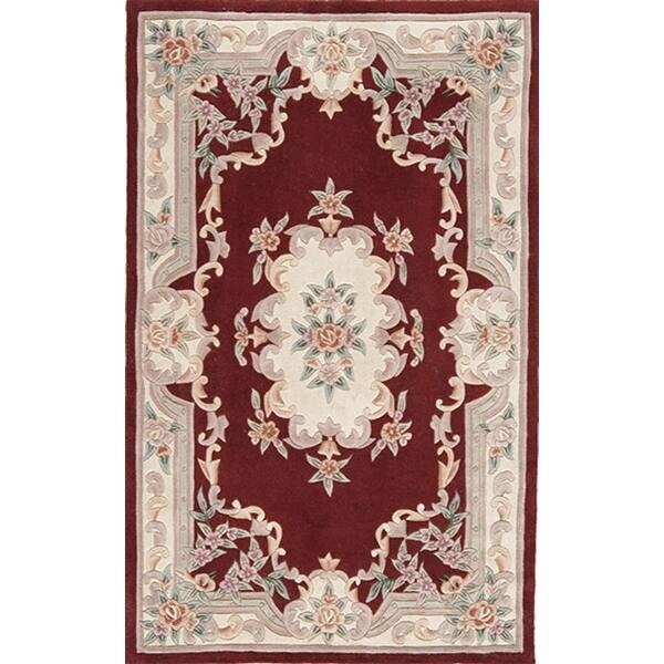 Aubusson Burgundy Red HandTufted Carved Wool Area Rug Round Runner