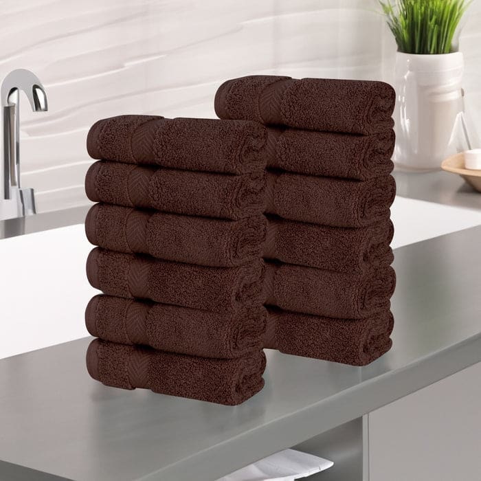 Superior Zero Twist Cotton Soft Absorbent Face Towel Washcloth Set of 12 - Espresso