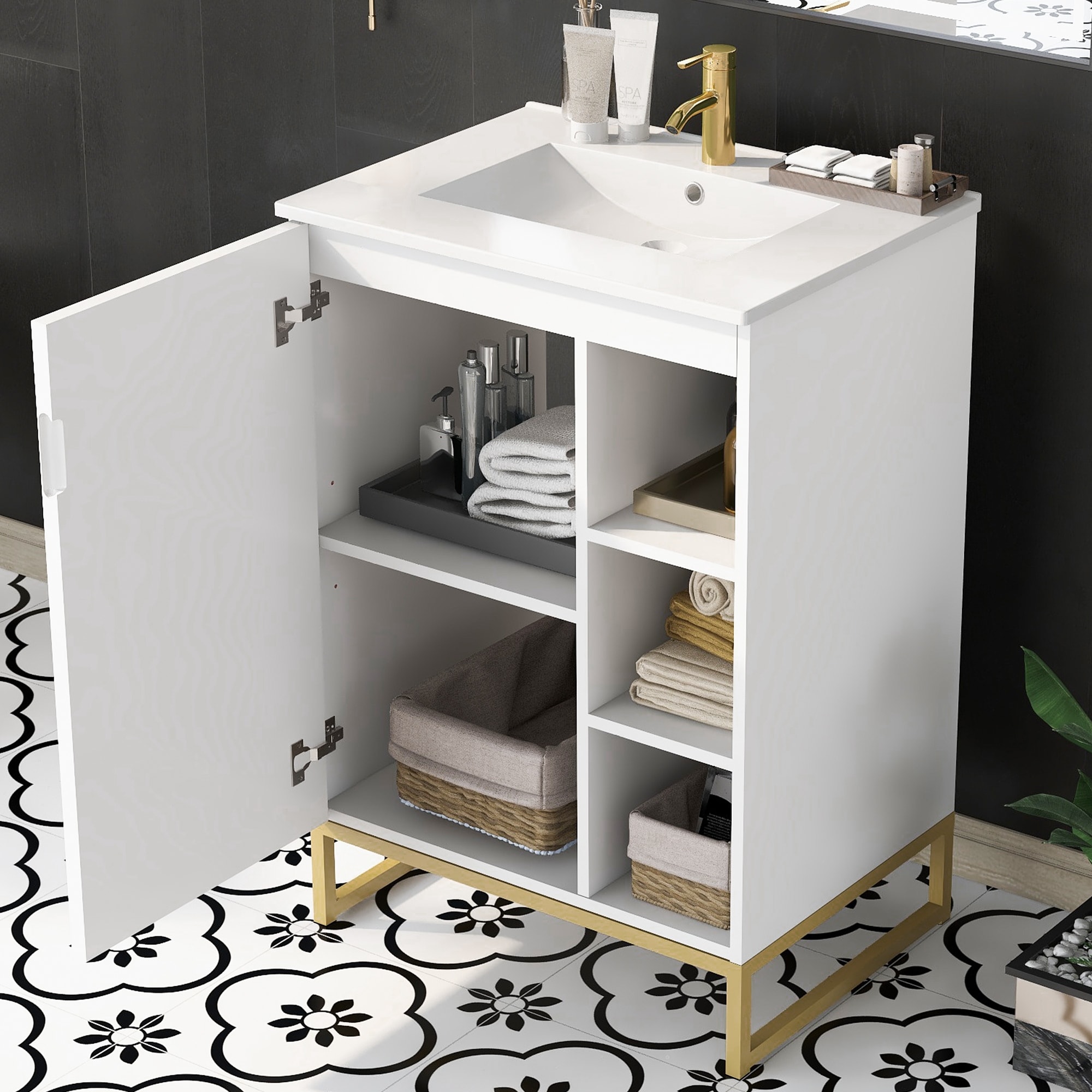 21.6 Bathroom Vanity with Sink, Bathroom Storage Cabinet with Door and  Side Storage, Wood Cabinet Basin Vessel Sink Set, Solid Frame, Ceramic Sink  (Right Side Storge) 