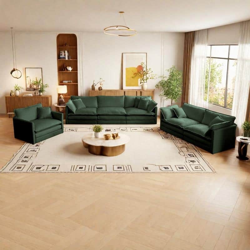 6-Seat Chenille Sectional Sofa Set (3-Seater + 2-Seater + Chair) with Extra Deep Seats & Solid Wood Frame - Green