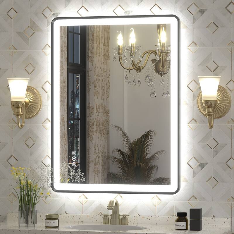 UL Certified Front & Back LED Anti-Fog Tempered Glass Framed Bathroom/Vanity Mirror 3-Year Warranty - 32" x 24"-Rounded Corner - Black