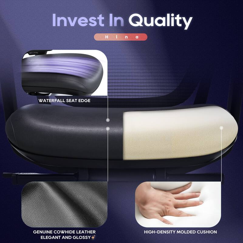 COLAMY Ergonomic Office Chair, Adjustable Seat, 4D Armrests, Mesh Back, Leather Cushion，Black