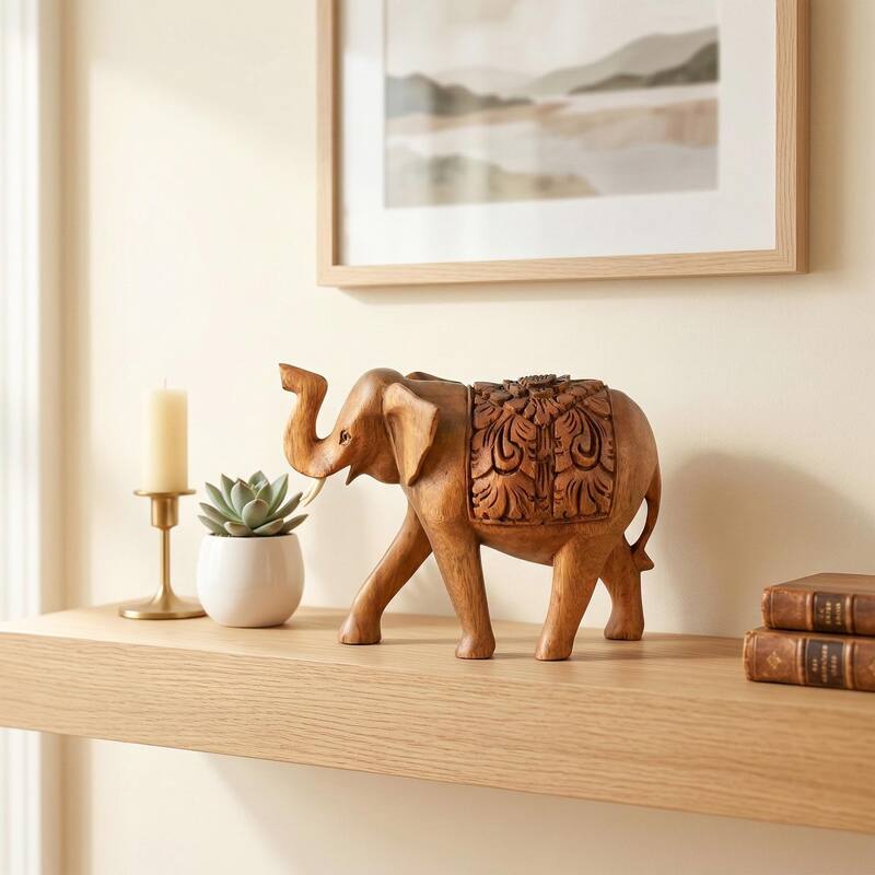 Wooden Hand Carved Thai Elephant Statue Figurine Sculpture Art Decorative Rustic Home Decor Accent Handmade Wood