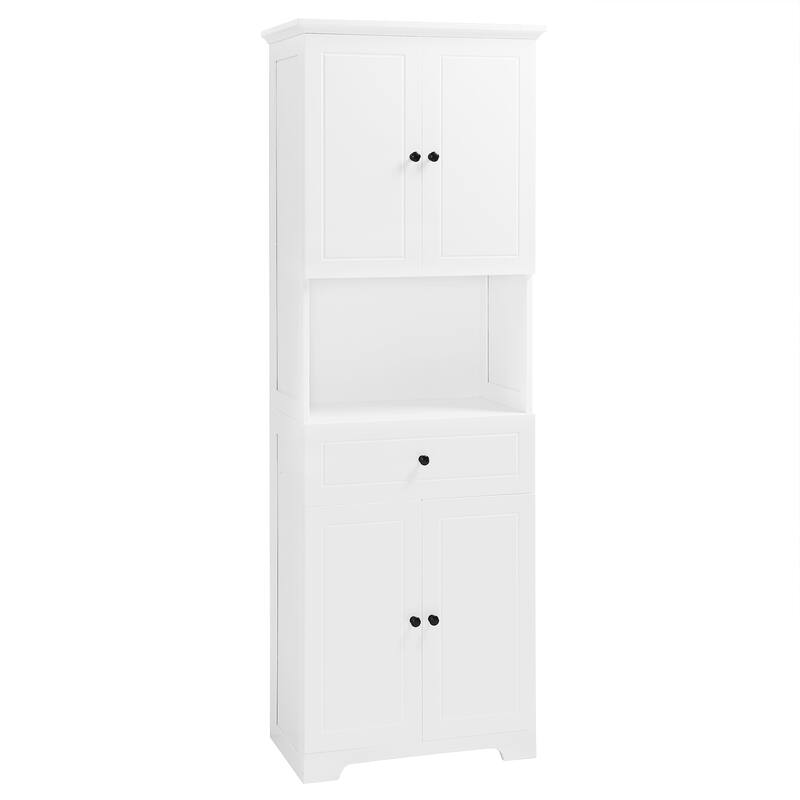 Roomfitters Tall Bathroom Cabinet with Four Doors, Upper Cabinet and Large Open Storage Shelves, White