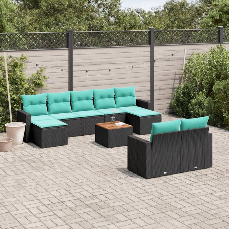 vidaXL 10 Piece Patio Sofa Set with Cushions Black Poly Rattan - 21.7 x 24.4 x 27.2 (W x D x H)