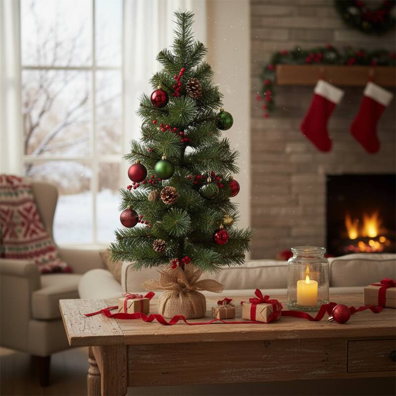 Mixed Pine and Pine Cones Artificial Christmas Tree in Jute Base - 39" - 3 Foot