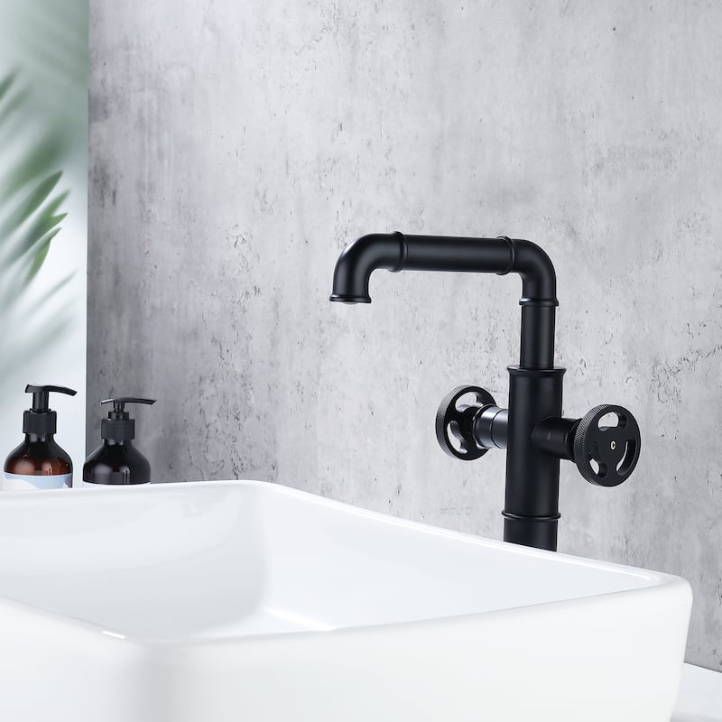 Two Handles Single Hole Deck Mounted Industrial Bathroom Faucet With 360 Degrees Swivel Spout - Matte Black