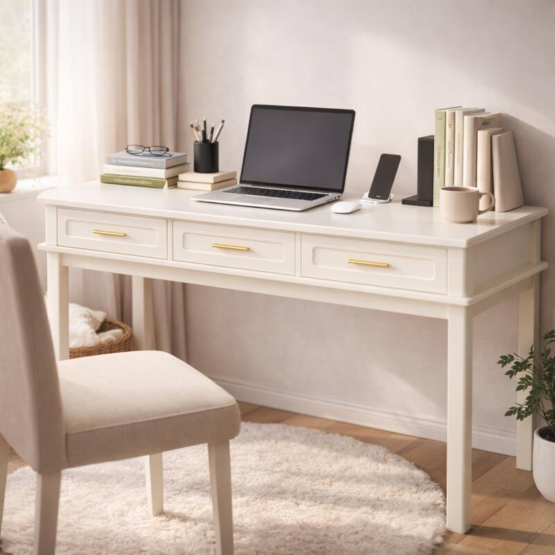 Cream White Vanity Desk with 3 Drawers, Modern Makeup Table or Writing Desk, Multipurpose Dressing Table, No Mirror Included