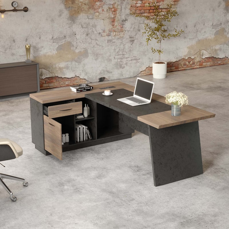 WESOME 78.74in Modern L-Shaped Executive Desk with Drawer 2-Tier Storage Shelves Cabinets