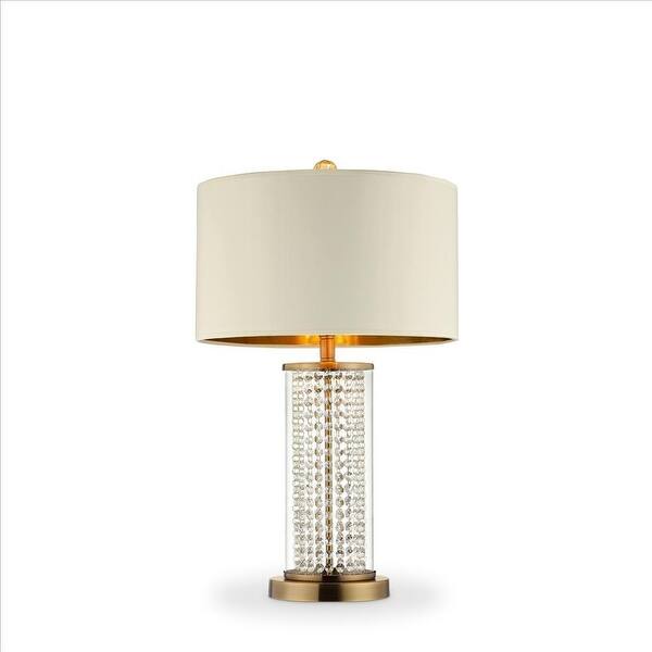 slide 2 of 5, Table Lamp with Cylindrical Drum and Stacked Crystals, Gold - 28.75 H x 17 W x 17 L Inches