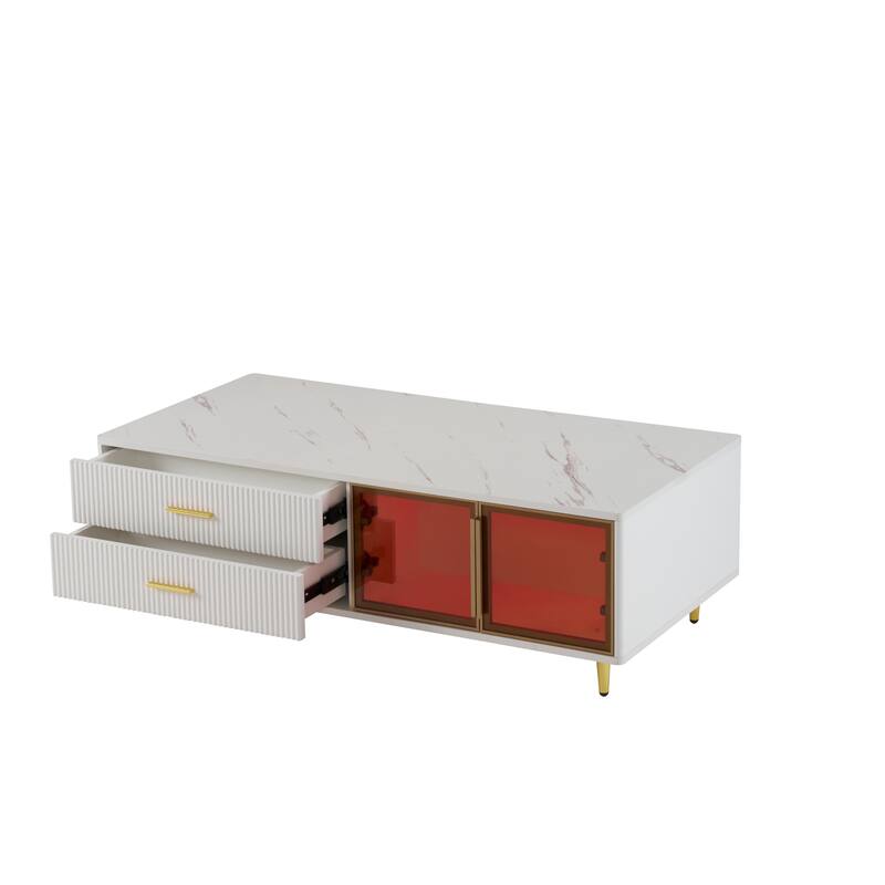 47.2" Modern Coffee Table with 2 Glass Door, 4 Drawers and Multi-Color Lighting