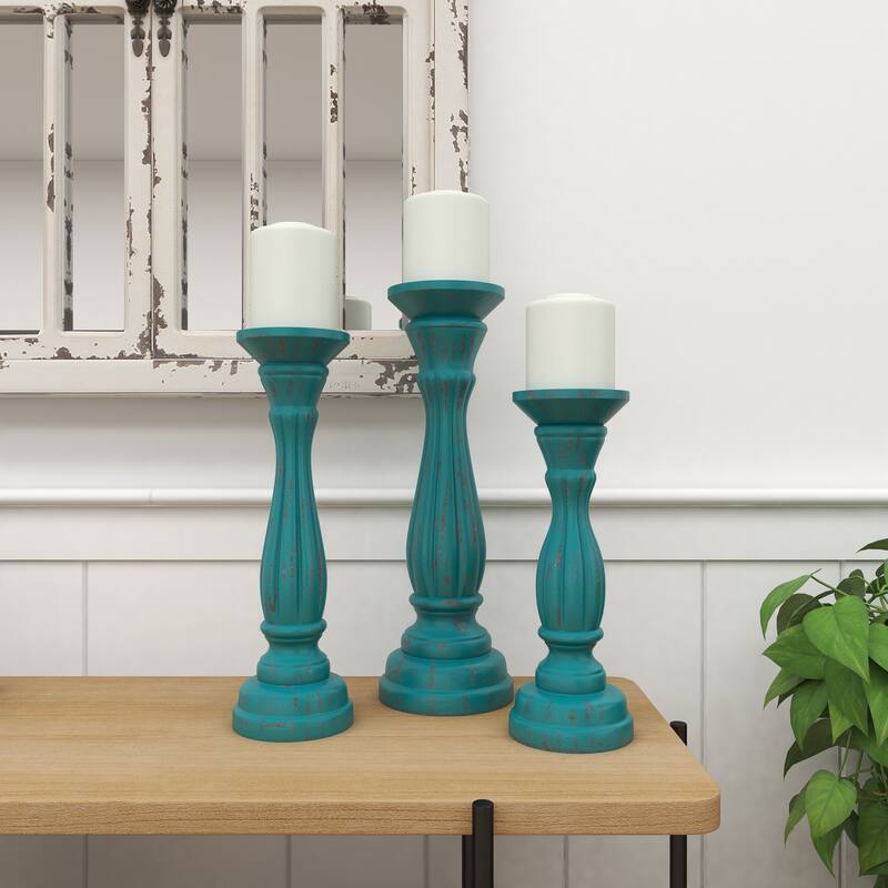 Gray, Green, Brown or Blue Wooden Distressed Turned Decorative Candle Holder (Set of 3)
