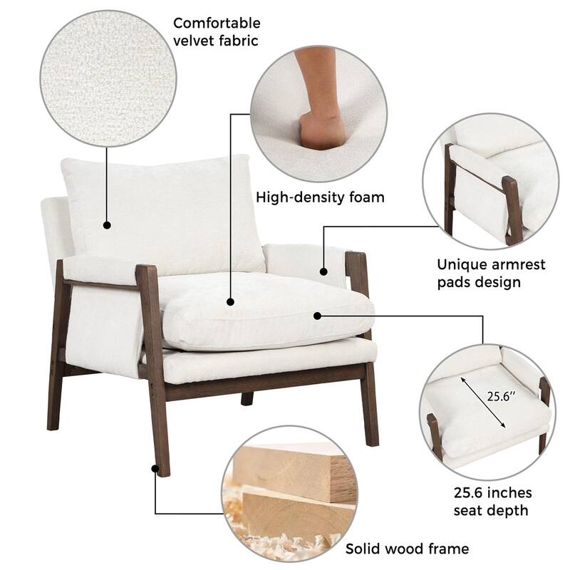 Mid-Century Velvet Living Room Accent Leisure Armchair with Solid Wood