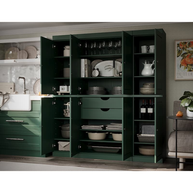 100% Solid Wood Kitchen China Pantry Buffet with Glass or Solid Wood Doors and 2-Drawer Kit by Palace Imports - 65" x 71.5" - Green - Solid
