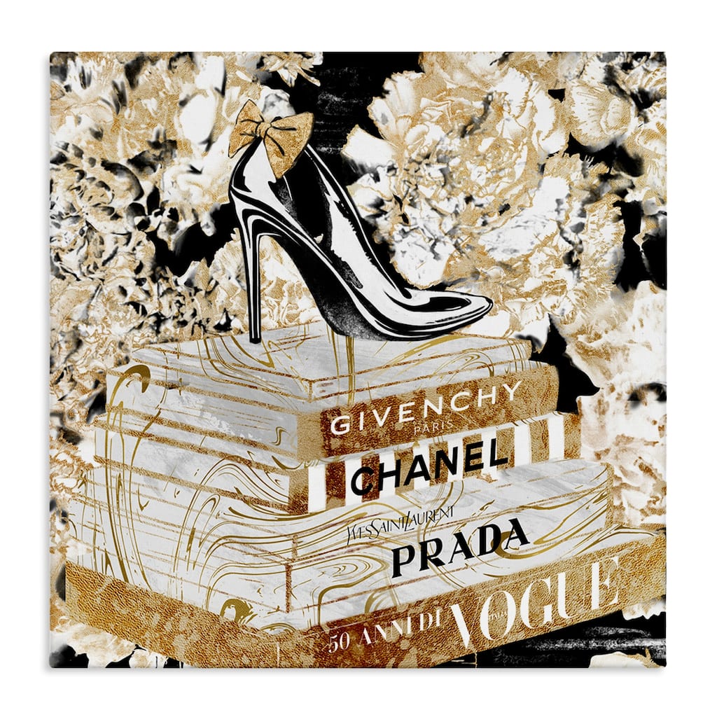 Stupell Fashion Heels and Books Black Gold Designer Details Canvas Wall Art