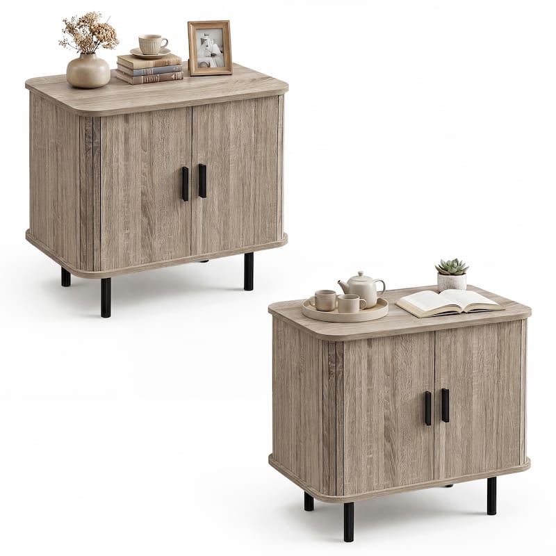 Gymax 2PCS End Table Mid Century Nightstand w/Sliding Tambour Doors & - Tan