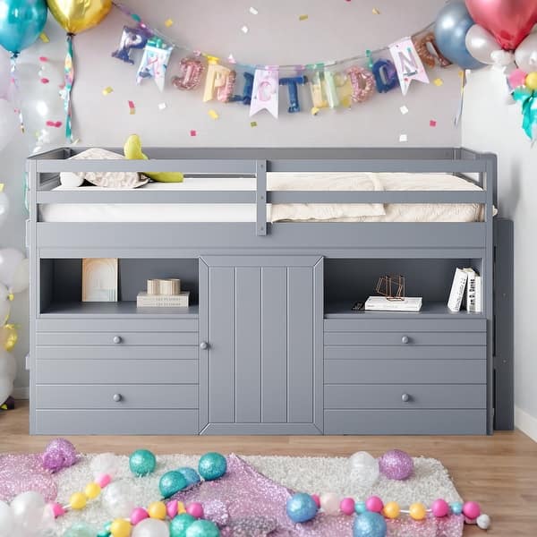slide 2 of 14, Twin Size Elegant Loft Bed With 4 Drawers,Underneath Cabinet and Shelves,Sturdy Frame Grey