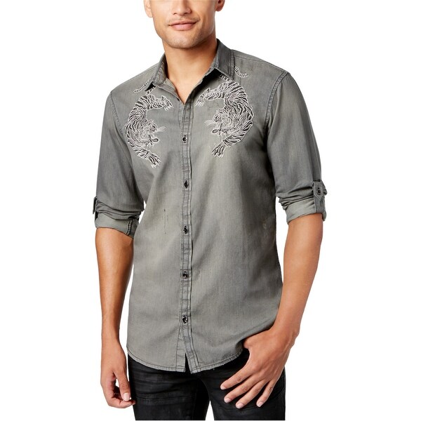 I-N-C Mens Embroidered Bengal Tiger Button Up Shirt. Opens flyout.