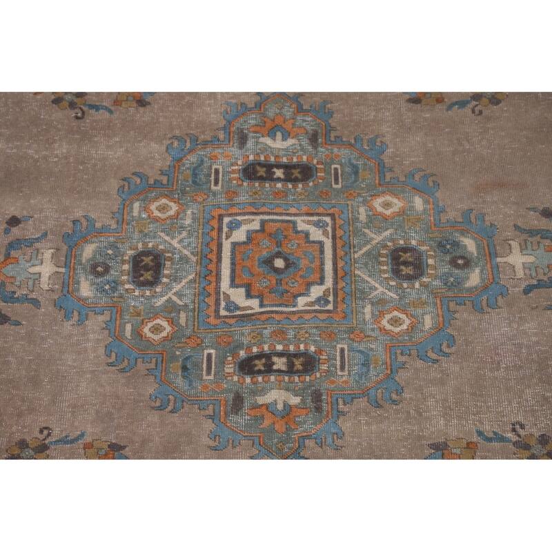 Brown Geometric Tabriz Vintage Rug Handmade Wool Carpet - 6'3"x 9'6"