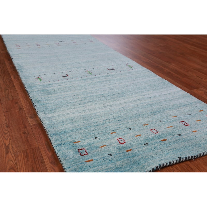 Hand Knotted Oriental 100% Wool Carpet Tribal Animal Pictorial Navy Blue & Blues Gabbeh Runner Rug - 9' 11'' X 2' 9''