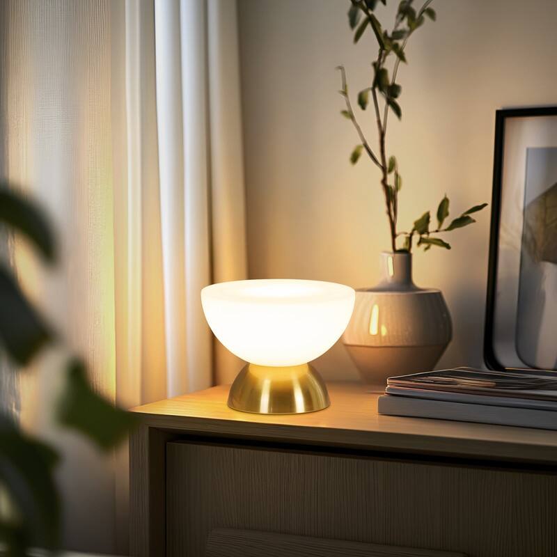 Brightech Lamina LED Vintage Antiqued Brass Gold Midcentury Round Dome Dimmable Bedside Nightstand Desk Lamp