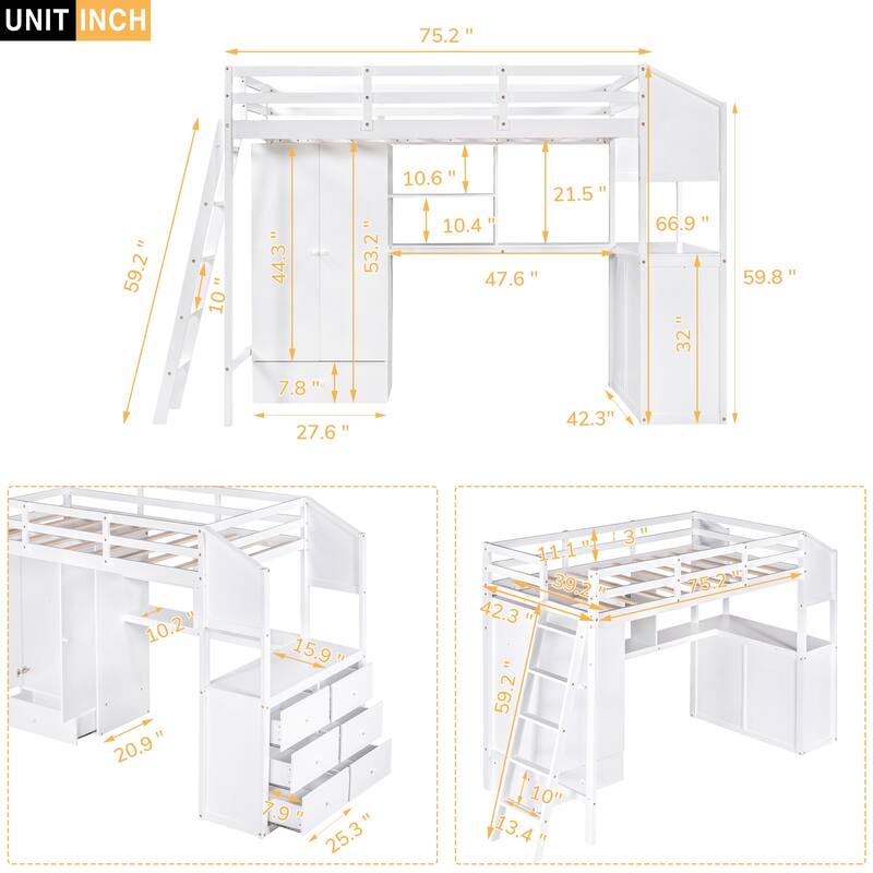 Pine Wood Loft Bed with Wardrobe, Desk, and Swappable Ladder On Sale