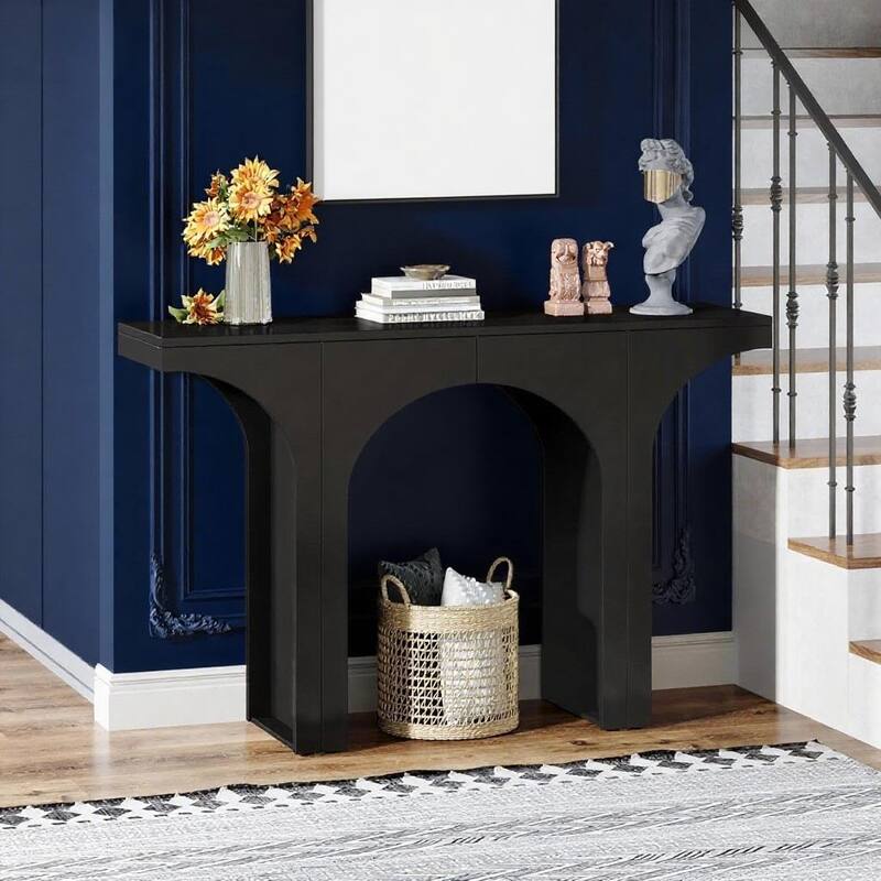 Black Wood Console Table with Arched Base and Sturdy Display - 47.24” L x 11.81” W x 33.86” H