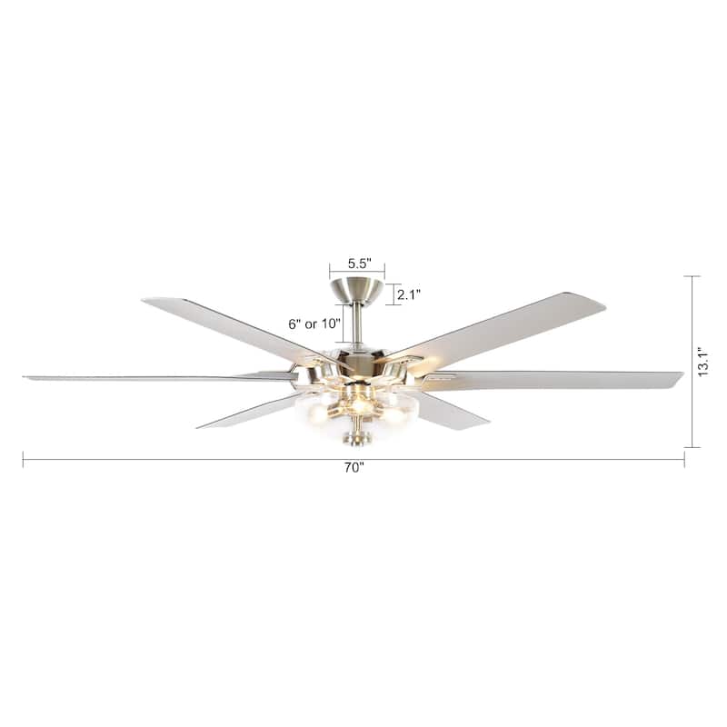70-inch Brushed Nickel Modern Downrod Mount Large Ceiling Fan with Light and Remote