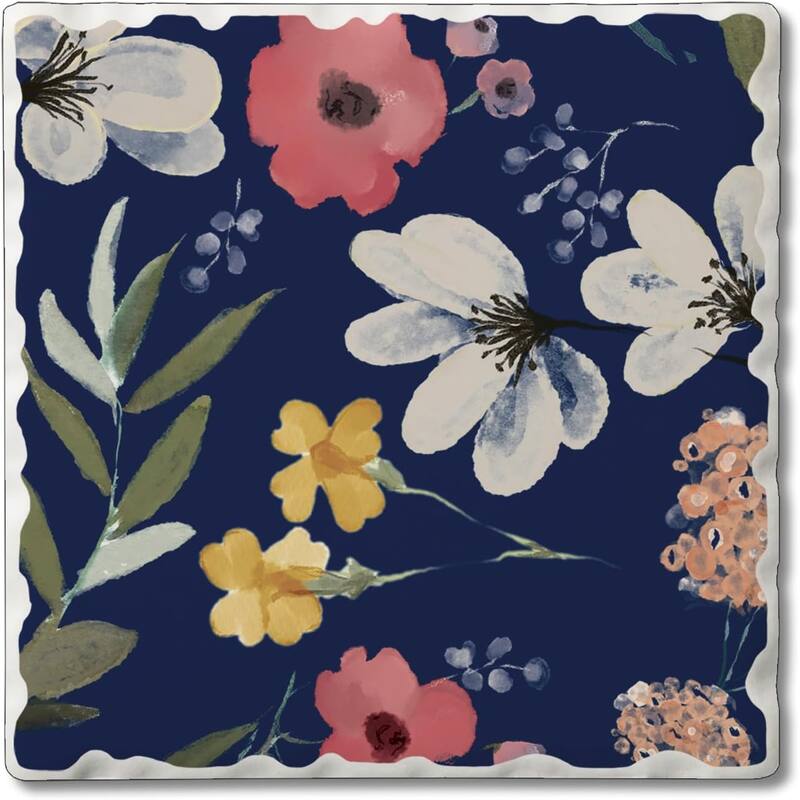 Flowers on Blue 4 Pack Single Absorbent Stone Coaster with Protective Cork Backing Made in The USA 4" Square, Wipes Clean - Multi