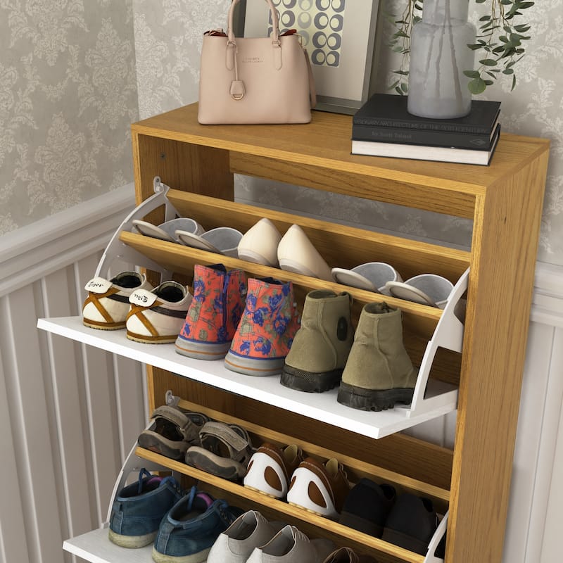 Shoe Storage Cabinet with 3 White Panel Flip Drawers, Freestanding Organizer for Entryway