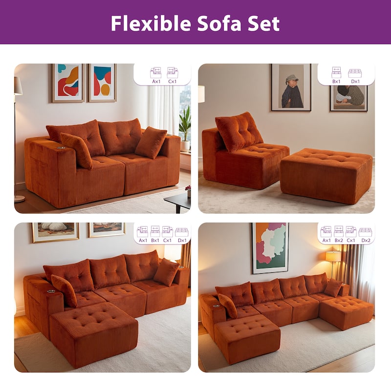 Modular 6-Seat U Shaped Sectional Sofa - 64.5"D x 129.5"W x 26.3"H