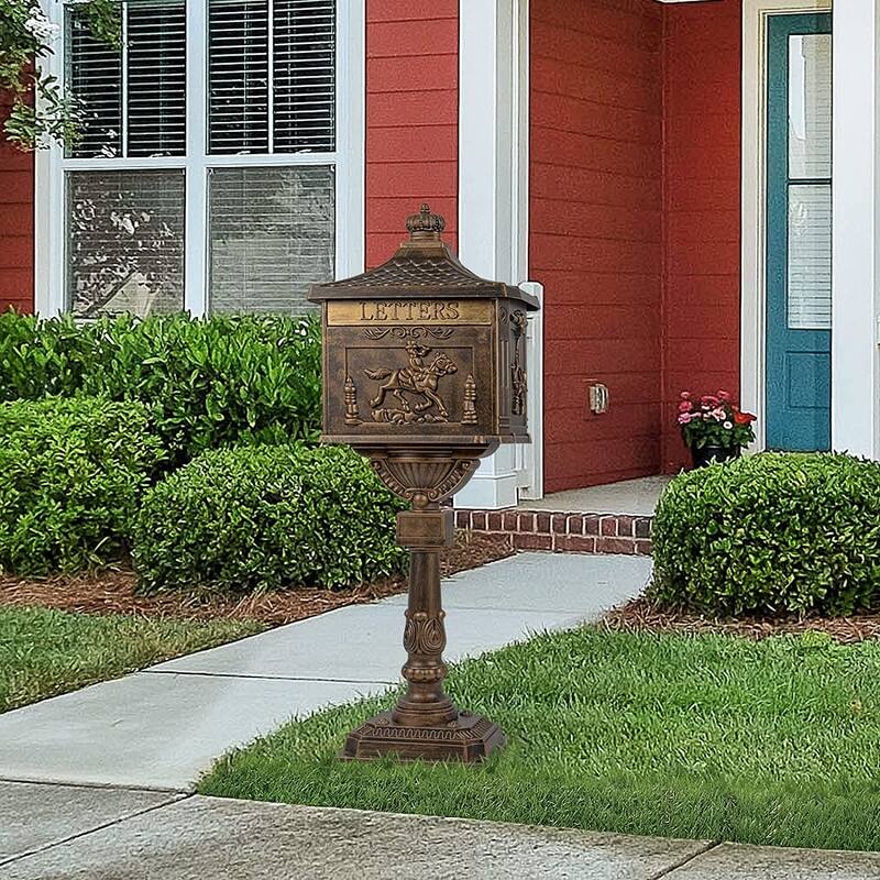 Retro Mid-century Aluminum Cast Mailbox with Post and Keys, Locking Residential Rust-Proof Security Postal Mailboxes - Brown