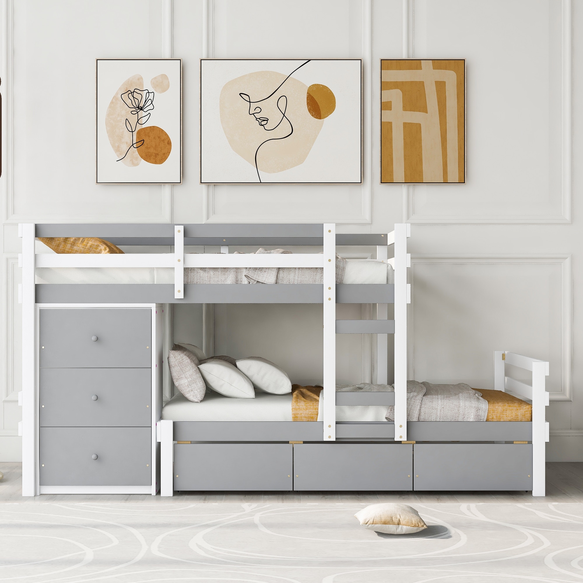 Twin Over Twin Low Bunk Bed with Storage Drawers Ladder