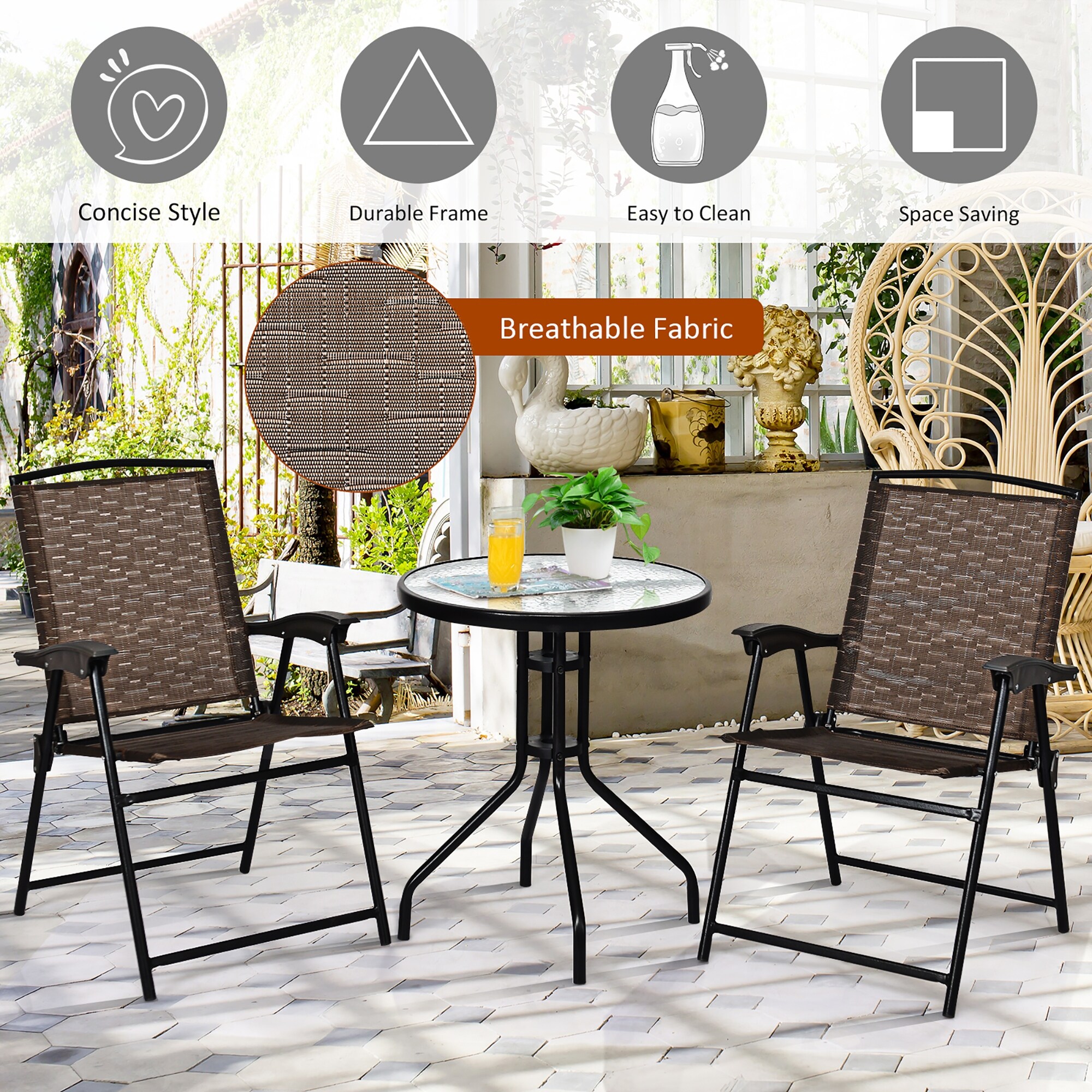 Costway 3pc bistro patio garden furniture set 2 folding chairs glass table top steel outlet