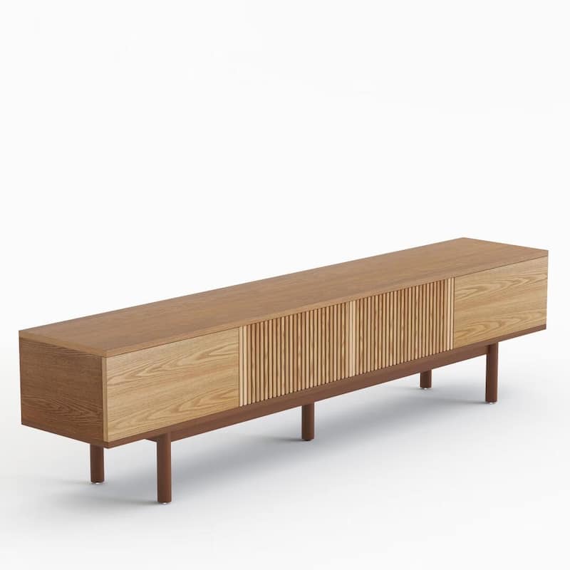 86.6" Solid Wood TV Stand with Slatted Door Design, Media Console for 90" TVs, - 86.6"Wx15.7"Dx20.8"H