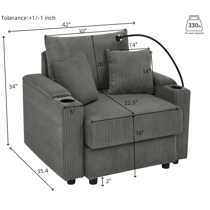 Armchairs Set of 2, Corduroy Upholstered Sofa Accent Chairs with Storage Armrest, Cup Holders and Phone Stand for Living Room