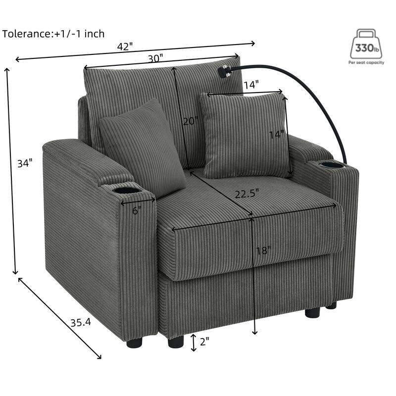 Corduroy Sofa Accent Chair & Ottoman Set, Single Chaise Lounge Couch with Storage Armrests, Cup Holders and Phone Stand