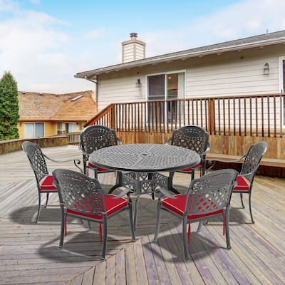 5/7-Piece Cast Aluminum Outdoor Dining Set with 48.03 in. Round Table and Random Color Cushions