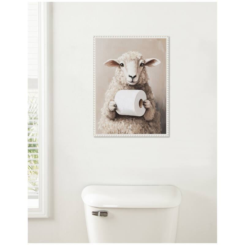 Kate and Laurel Sylvie Cure Sheep Toilet Paper Roll Toilet Bathroom Art Framed Canvas by The Creative Bunch Studio