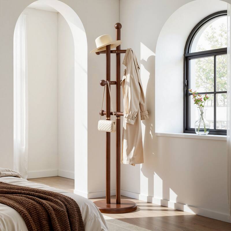 Freestanding Coat Rack Wooden Coat Tree with 6 Hooks and 2 Main Rods - 73.23"H x 15.75"W