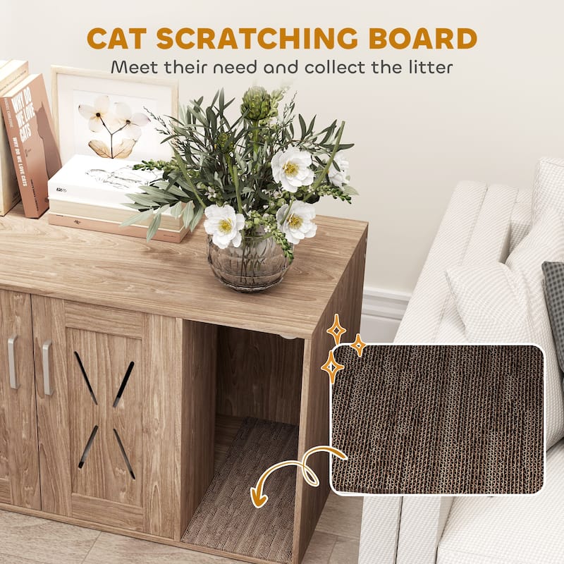 Walnut Brown Cat Litter Box Enclosure with Scratching Board and Barn Door Design Use as Side Table