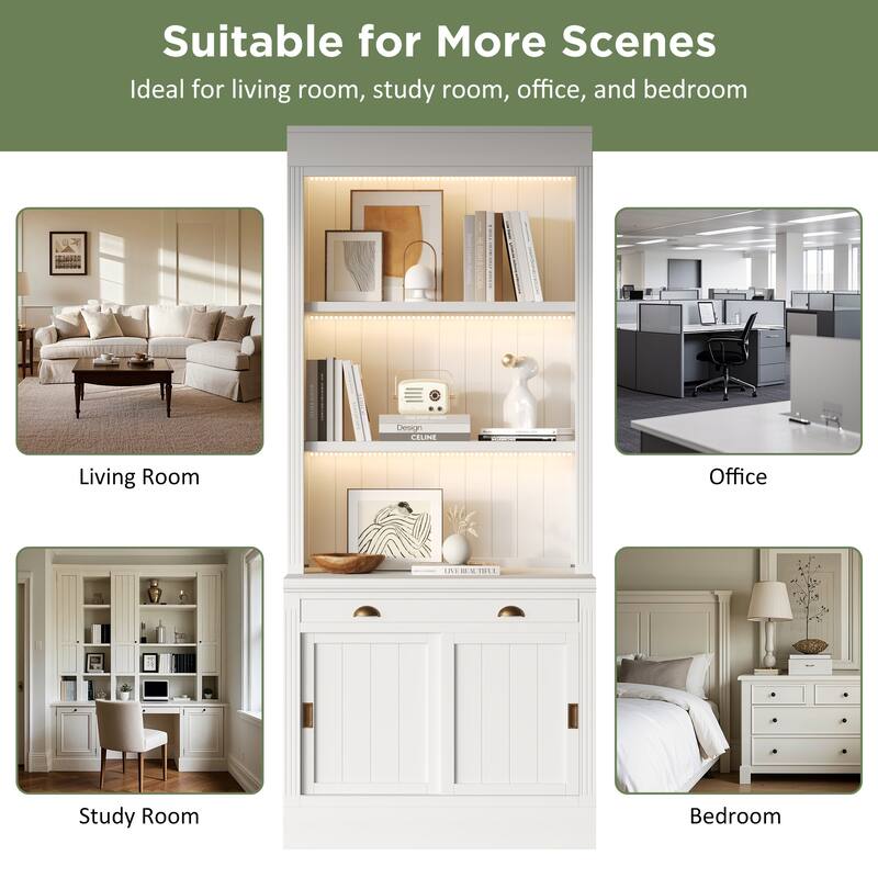 83.4" Tall Bookshelf with 3-layer LED Lightings, Modern Bookcase with Sliding Doors and Open Shelves,Storage Bookshelf