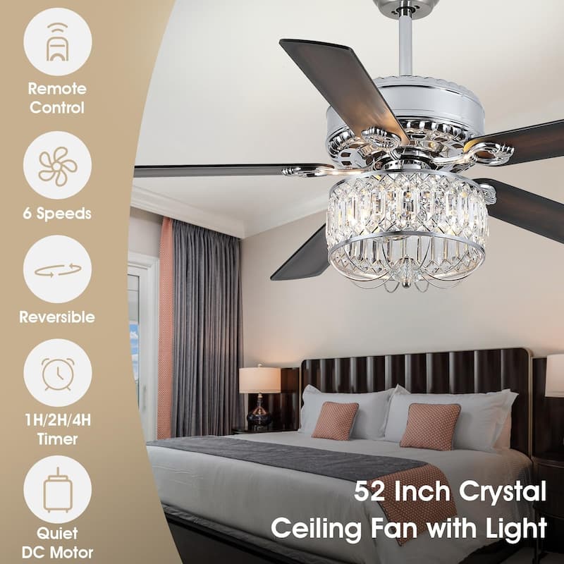 52" Modern Crystal Ceiling Fan Chandelier with Remote,2 Bulbs,Reversible DC Motor,5 Plywood Blades - 52 Inches