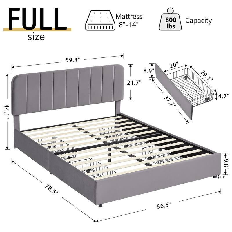 Javlergo Upholstered Platform Bed Frame with Storage Drawers and Adjustable Headboard, No Box Spring Needed