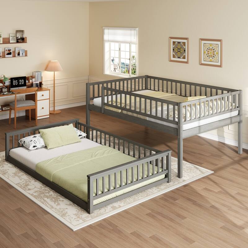 GDFStudio - Solid Wood Queen over Queen Bunk Bed with Ladder & Guardrails