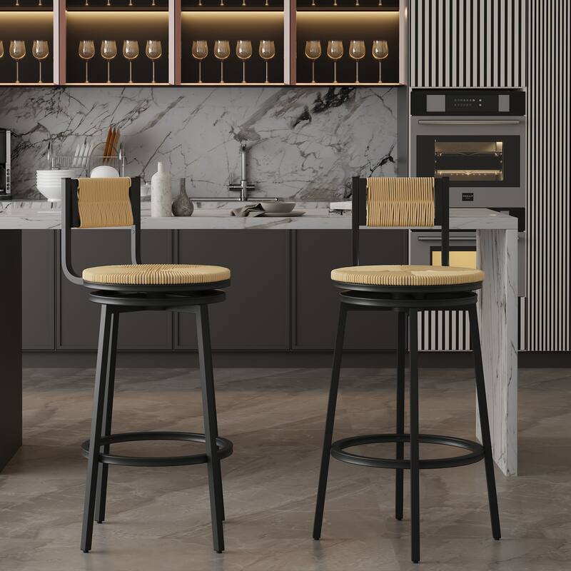 Modern Bar Stools Swivel Counter Chairs with Metal Frame Set of 2 Hand Woven Paper Rope Dining Barstools for Kitchen Counter