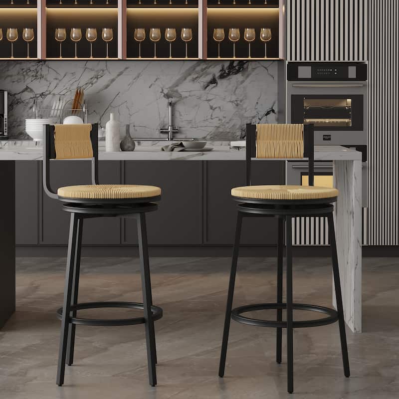 Set of 2 Honey Swivel Bar Stools, Handwoven Paper Rope with Back, Rustic Counter Chairs for Dining & Kitchen