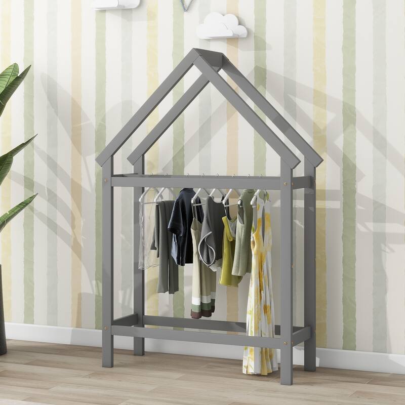 Wood House Bed With Storage Shelf And Hanger