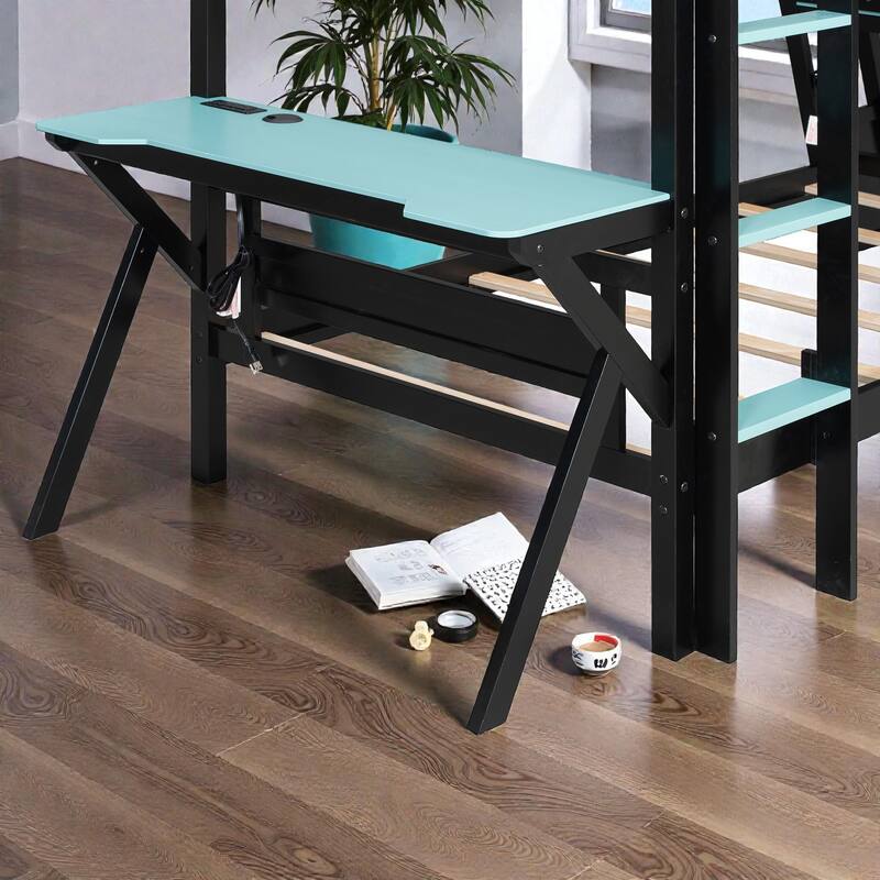 Twin/Full Gaming Bunk Bed with Dual Desks, USB Charging Ports and Pegboard Organizer, Gamer Bunk Frame